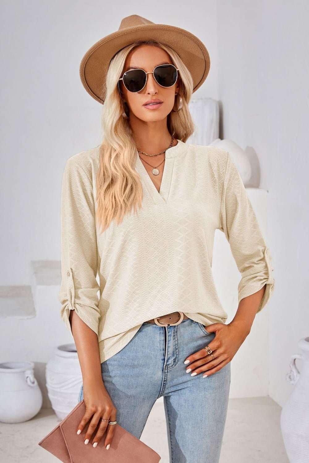 V - Neck Roll - Tap Sleeve Blouse - VILLA FASHION